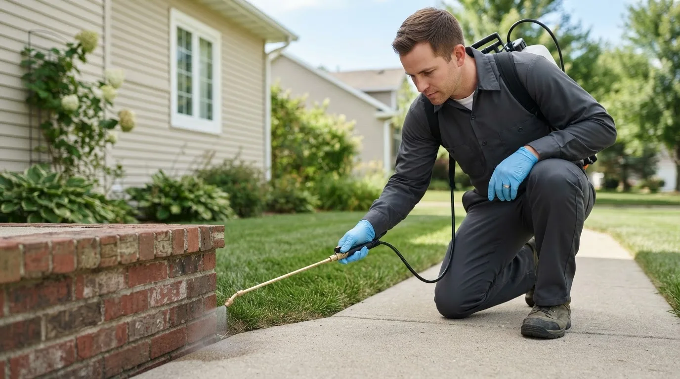 Pest control technician treating a home near Embarrass, MN